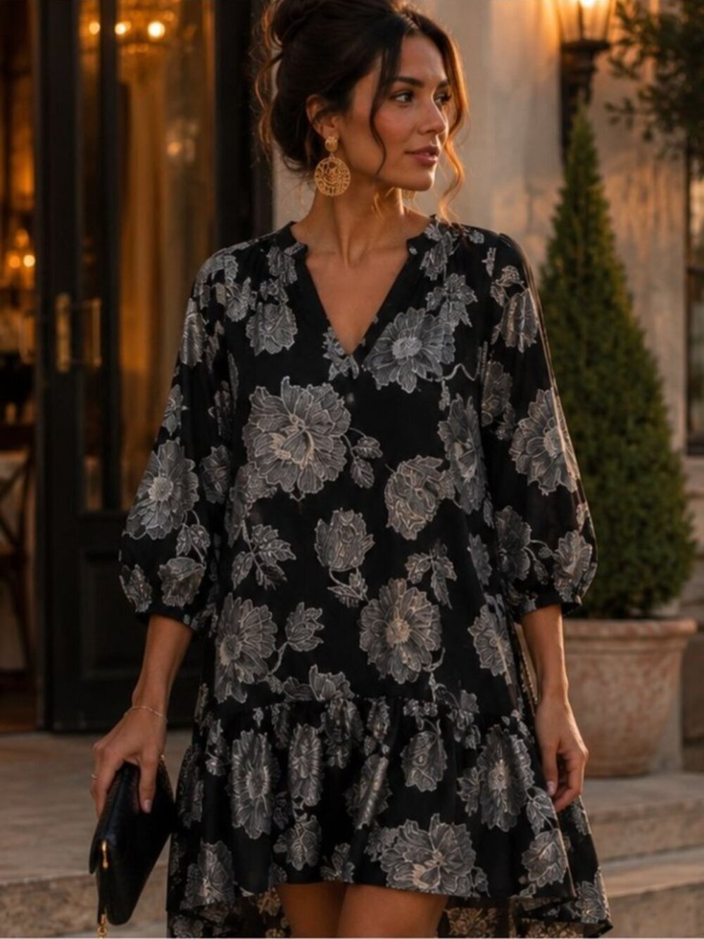 Culture Women’s Black Floral Metallic Print Tunic Top Boho Puff Sleeve Dress